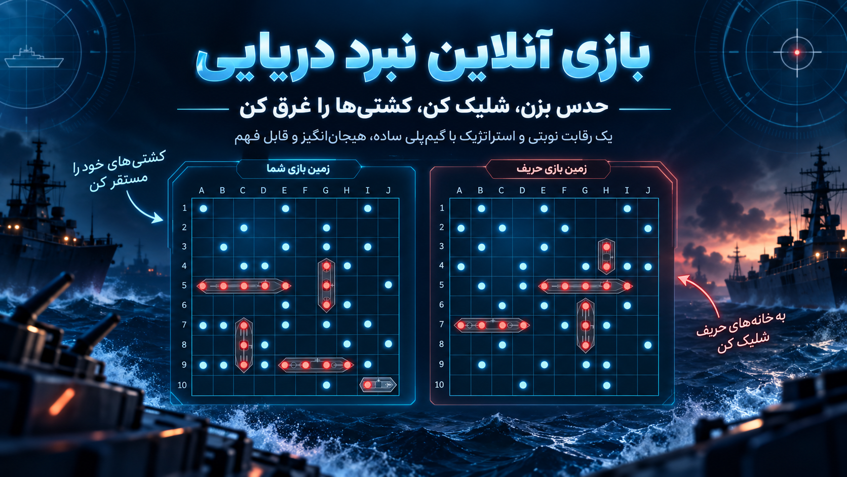 تصویرسازی نبرد دریایی با کشتیها و دو شبکه هدفگیری