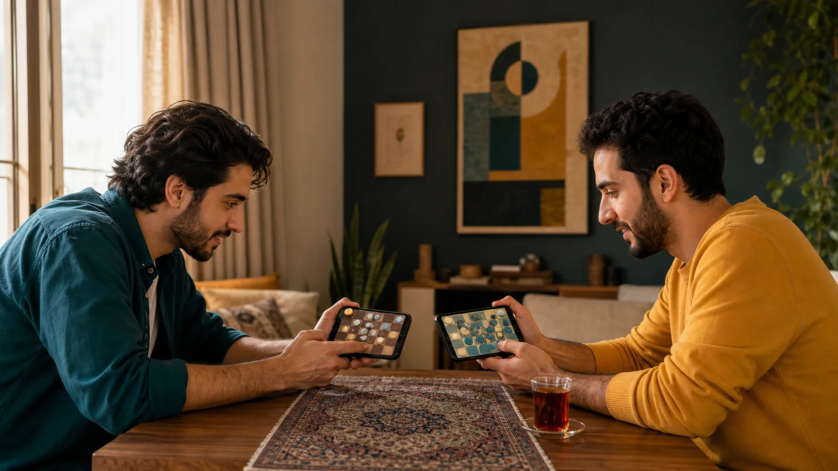 دو دوست در حال رقابت با گوشی‌هایشان دور یک میز